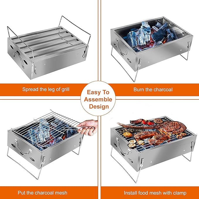 Small Charcoal Barbecue Grill, Stainless Steel Portable Folding BBQ Grill with Net Tongs, Desk Tabletop Smoker BBQ, for 2-5 People, 36 x 26 x 17 cm for Home Outdoor Picnic