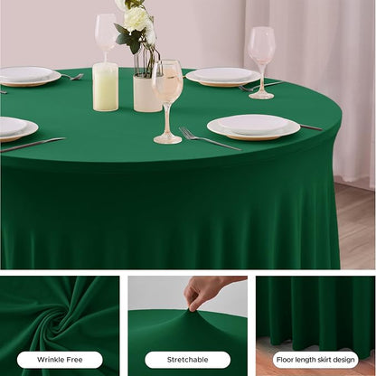 6 Pack Hunter Green Spandex Table Covers for Christmas, 60 Inch Round | Spandex Table Skirts, For 5 Ft Bridal Shower Cake Table, Ruffle Design Banquets, Baby Showers, Parties, Wrinkle Resistant