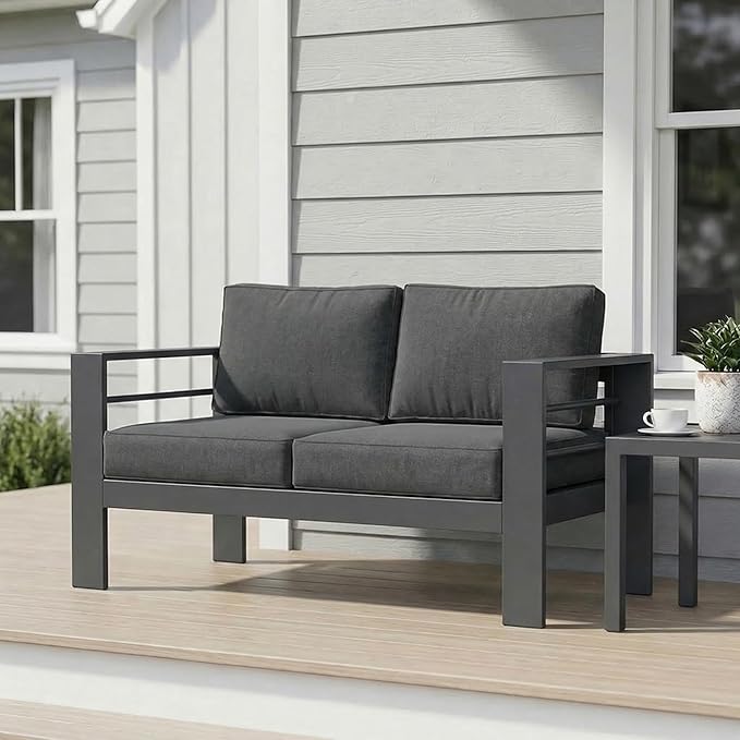 Wisteria Lane Metal Patio Furniture Sofa, All-Weather Outdoor Couch with Upgraded Cushions, Weather-Resistant Heavy Duty Modern Outdoor 2 Seats Sofa for Garden, Balcony, Deck, Backyard, Dark Grey