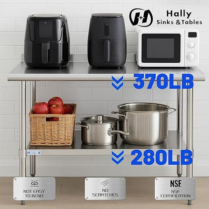 Hally Stainless Steel Table for Prep & Work 18 x 36 Inches, NSF Commercial Heavy Duty Table with Undershelf and Backsplash for Restaurant, Home and Hotel