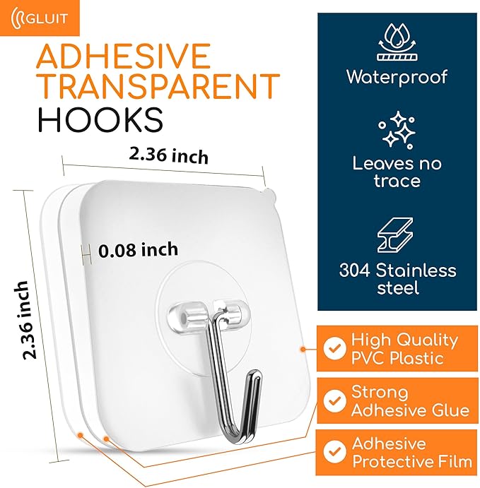 Adhesive Wall Hooks for Hanging, Heavy Duty No Drill, 22 lbs, 12 Pack | GLUIT Adhesive Wall Hooks for Hanging, Transparent Waterproof Sticky Towel Hook for Bathroom Kitchen Home Outdoor