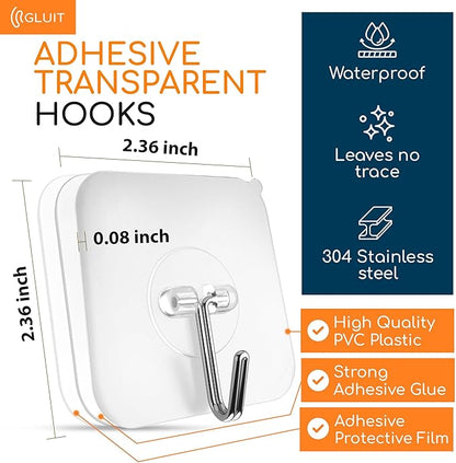 Adhesive Wall Hooks for Hanging, Heavy Duty No Drill, 22 lbs, 12 Pack | GLUIT Adhesive Wall Hooks for Hanging, Transparent Waterproof Sticky Towel Hook for Bathroom Kitchen Home Outdoor