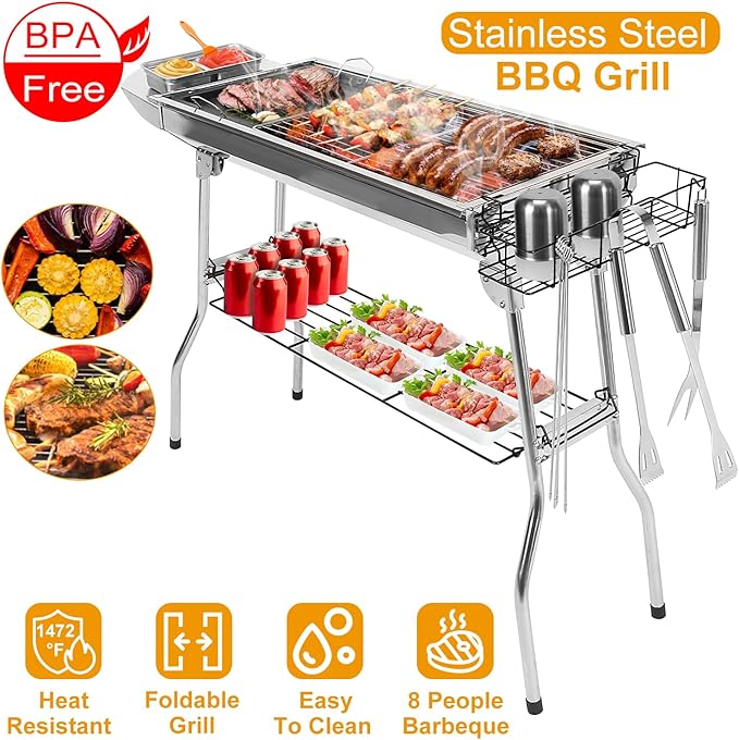 KOCASO Portable Charcoal Grill with Large BBQ Area, Stainless Steel Grill - Non-Stick Frying Pan and Active Air Vent Design - Ideal for Outdoor Adventures, Picnics, and Gatherings