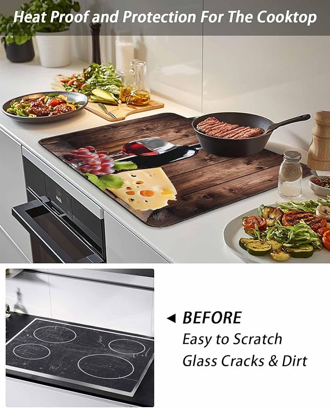 Stove Top Covers for Electric Stove 31x24 Inches, Red Wine Grapes HeatResistant Glass Cooktop Protector, Vintage Brown Wood Farmhouse Ceramic Stovetop Countertop Covers Mat, Oven Cover Kitchen Decor