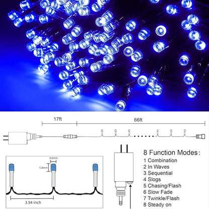 HOME LIGHTING 66ft Christmas Decorative Mini Lights, 200 LED Green Wire Fairy Starry String Lights Plug in, 8 Lighting Modes, for Indoor Outdoor Xmas Tree Wedding Party Decoration (Blue)