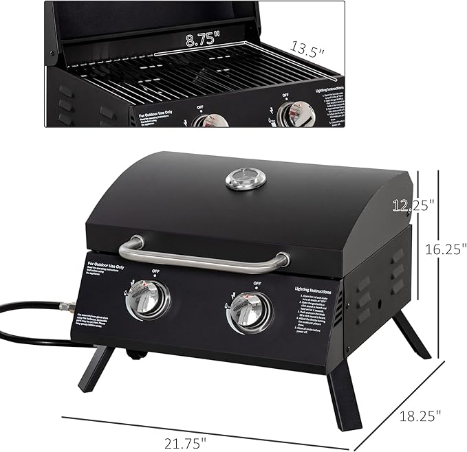 Outsunny 2 Burner Propane Gas Grill Outdoor Portable Tabletop BBQ with Foldable Legs, Lid, Thermometer for Camping, Picnic, Backyard, Black