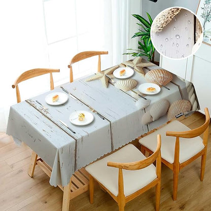 Swono Sea Shells Table Cloth Rustic Wood Seashell Starfish Marine Rope Rectangle Tablecloth Picnic Table Cover BBQ Table Cloth Polyester for Kitchen Home 50x72 Inch