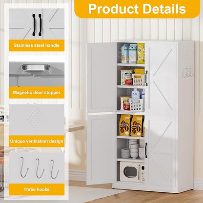Kitchen Pantry Storage Cabinet, 64" Metal Pantry Cabinet with 4 Doors and Adjustable Shelves, Kitchen Pantry with Hooks for Home, Living Room, Assemble Required (White)