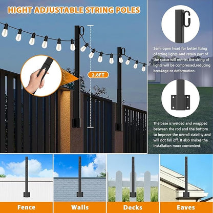 SINLEY 10 Pack Suspension Outdoor String Light Poles for Outside String Lights Hanging,with Clip and Holder,Light Post Mounting Stand for Patio Fence Wall Garden Backyard Deck