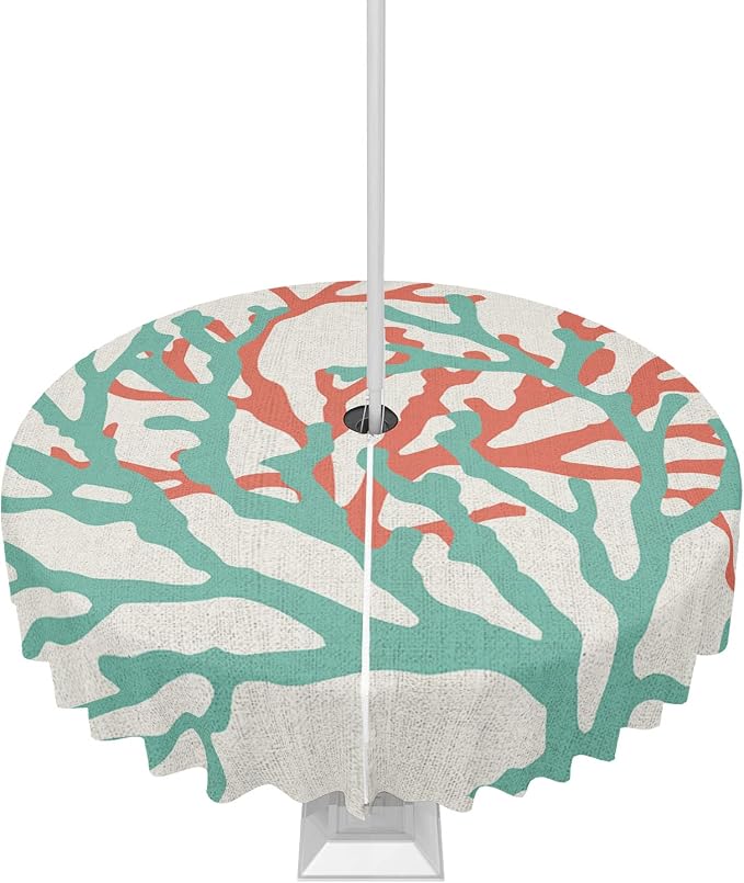 Teal Red Coral Outdoor Tablecloth - 54 Inch Round Dining Table Cover, Summer Ocean Nautical Coastal Rustic Burlap Waterproof Outdoor Table Cloth with Umbrella Hole & Zipper for Picnic/Patio/Party