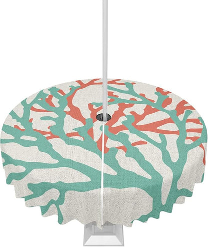 Teal Red Coral Outdoor Tablecloth - 54 Inch Round Dining Table Cover, Summer Ocean Nautical Coastal Rustic Burlap Waterproof Outdoor Table Cloth with Umbrella Hole & Zipper for Picnic/Patio/Party