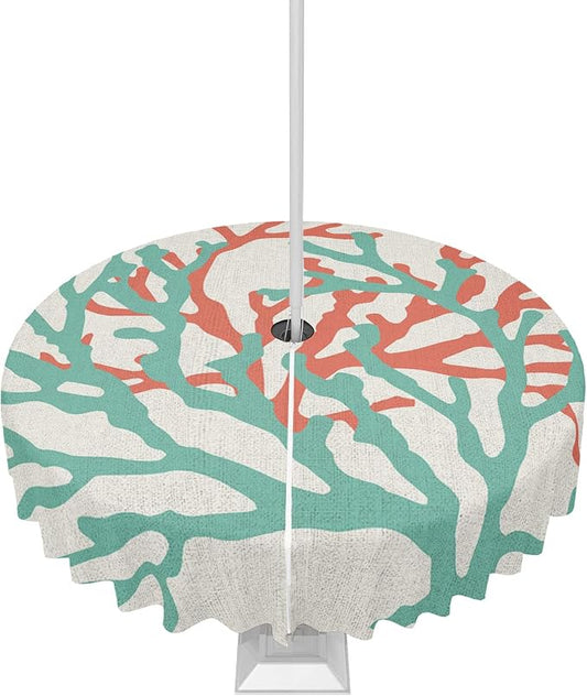 Teal Red Coral Outdoor Tablecloth - 54 Inch Round Dining Table Cover, Summer Ocean Nautical Coastal Rustic Burlap Waterproof Outdoor Table Cloth with Umbrella Hole & Zipper for Picnic/Patio/Party