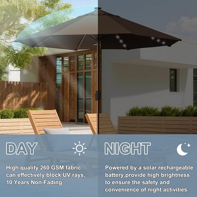 EliteShade USA 10-Year-Non-Fading 10ft Market Patio Umbrella, Commercial Grade Table Sun Umbrella with 80 Solar LED Lights, Crank Open, Windproof & UPF 50+ UV Protection for Garden, Deck, Pool, Backyard, No Tilt, Chestnut