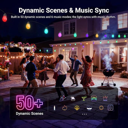 NEEWER 144ft Outdoor String Lights, App Control Smart AI RGB IC W Patio Balcony Backyard Outside Hanging Lighting, IP65 Waterproof, 45 LED Bulbs, 50+ Scenes, Compatible with Alexa Google, NR01