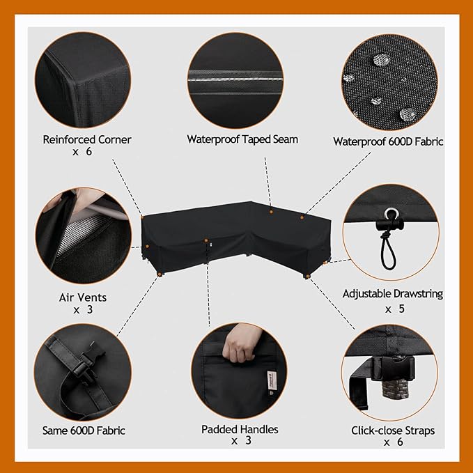 Heavy Duty Outdoor Sectional Sofa Cover, 115"X83" L-Shaped Waterproof 600D Patio Sectional Protector, Lawn Patio Furniture Covers (Midnight Black, L-Shaped-Right Facing-115 x83)