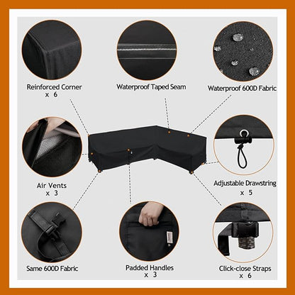 Heavy Duty Outdoor Sectional Sofa Cover, 115"X83" L-Shaped Waterproof 600D Patio Sectional Protector, Lawn Patio Furniture Covers (Midnight Black, L-Shaped-Right Facing-115 x83)