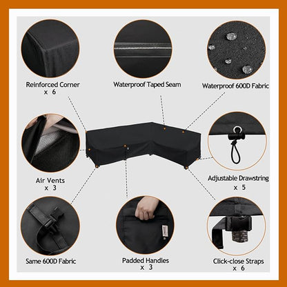 Heavy Duty Outdoor Sectional Cover, 104"X83" Waterproof 600D Patio Sectional Couch Covers, Lawn Patio Furniture Protector(Midnight Black,L-Shaped-Right Facing-104 x83)