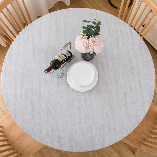 LIBERECOO Round Vinyl Fitted Tablecloth with Flannel Backing Elastic Edge Table Cover Waterproof Stain-Resistant Wipeable Tablecloths Fits 45-56" Round Tables