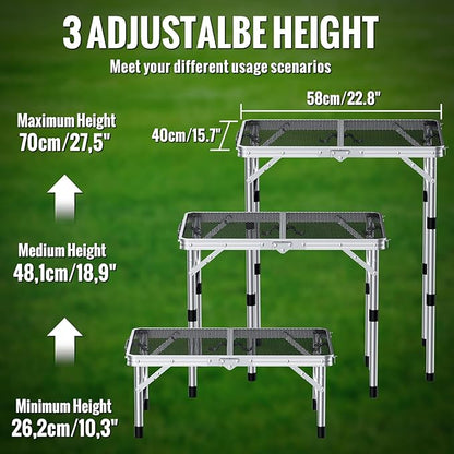 GARLLEN 2ft Folding Grill Table, 3 Adjustable Height Folding Camping Table with Heat-Resistant Mesh Tabletop, Portable Aluminum Picnic Tables for BBQ, Camping, Outdoor, 22.8" L x 15.7" W