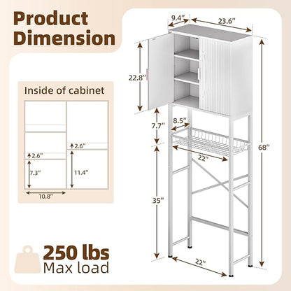 Kalrin Over The Toilet Storage Cabinet with Fluted Wave Doors and Adjustable Shelf, Wood Over Toilet Storage Rack with Drain Basket, Freestanding Bathroom Organizer for Balcony Laundry, Pure White
