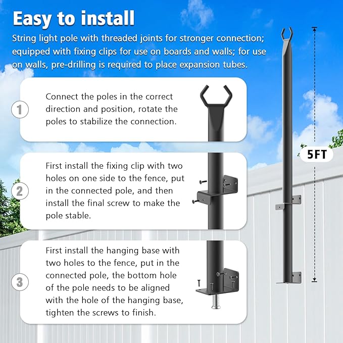 Mutovlin 8 Pack String Light Poles,5 Ft Light Poles for Outside String Lights,Outdoor Lights Pole with Fork,Metal Poles Stand for Patio Deck Backyard