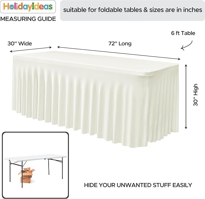 2 Pack Beige Spandex Table Covers 6ft Rectangle Ruffle Skirts for Party | Elastic Table Covers 6 Foot, Pleated Fitted Table Cloths, Wrinkle Resistant Elegant Table Skirts Wedding, Banquets