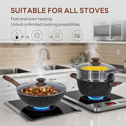 NEWBULIG 17-Piece Nonstick Cookware Set, Dishwasher Safe Non-Toxic Pots and Pans with Stay-Cool Handles, Induction Compatible Cookware, PFAS & PFOA-Free, Black