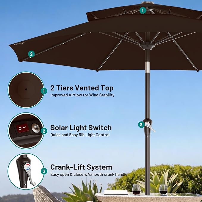 AreShark 9ft 3 Tiers Patio Umbrella with Solar Lights, Outdoor Umbrella w/ 32 LED Lights&8 Sturdy Ribs, Table Umbrella for Deck, Backyard, Pool (Dark Brown)