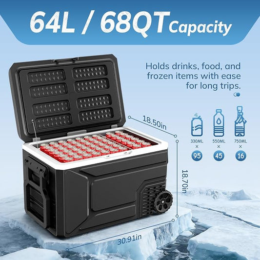 Antarctic Star 12 Volt Refrigerator,68QT(64L) Electric Cooler, Portable Refrigerator Freezer -4℉~68℉,12V 24V DC 100 240V AC Car Fridge with Wheels&2 Baskets for Camping,Travel,RV,Car,BLACK
