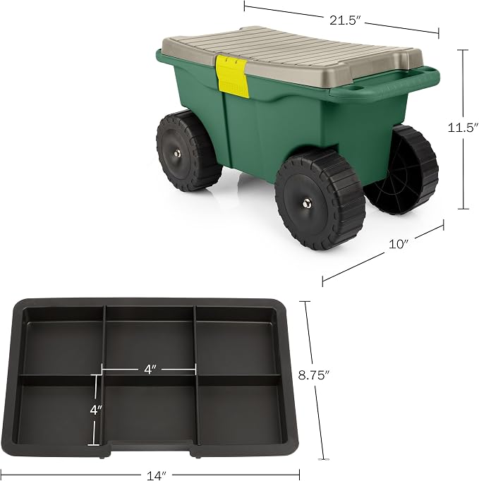 Rolling Garden Cart with Seat - Plastic Storage with Bench and Interior Tool Tray - Gardening Stool for Weeding and Planting By Pure Garden (Green) | Plastic Storage with Bench and Interior Tool Tray - Gardening Stool for Weeding and Planting