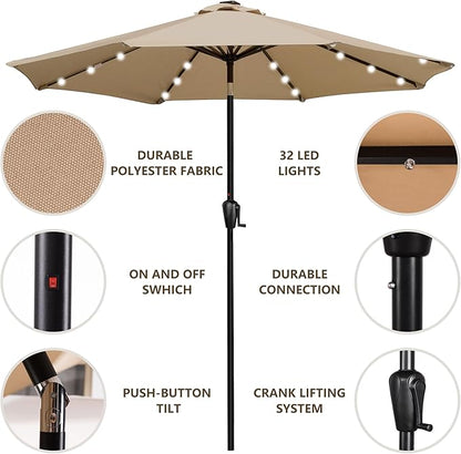 9' Round Patio Umbrella with 32 Solar Powered LED Lights, Push-Button Tilt and Hand Crank Lift, Solar Umbrella in Taupe for Porch, Deck, and Patio by Sun-Ray