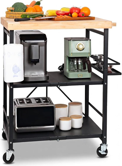 PLKOW Plus-Size Foldable 3-Tier Kitchen Cart with Solid Oak Top, Black | Solid oak top, fold-flat steel frame, 3-tier storage, side organizers, and lockable wheels for kitchens and patios.