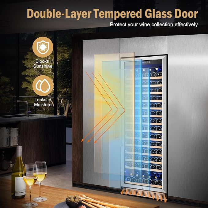 24" 173-Bottle Freestanding Wine Cooler, Low Noise with Sliding Shelves | Tall design, Compressor fast cooling, Low noise, Reversible door, Digital temp display, Black finish, Home or commercial use