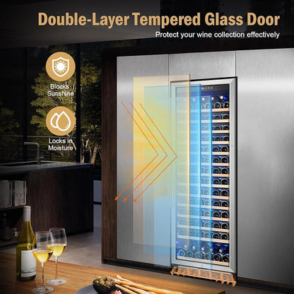 24" 173-Bottle Freestanding Wine Cooler, Low Noise with Sliding Shelves | Tall design, Compressor fast cooling, Low noise, Reversible door, Digital temp display, Black finish, Home or commercial use