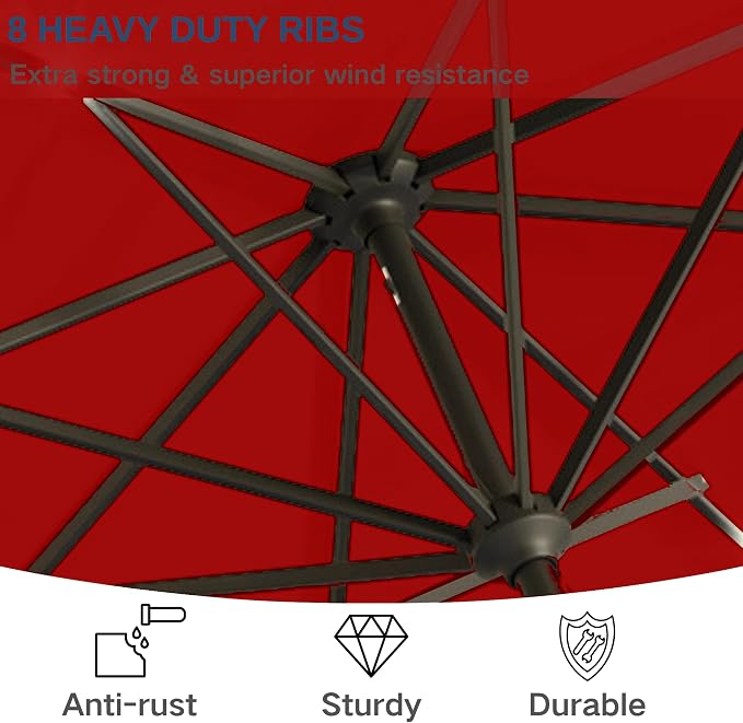 9' Solar LED Patio Umbrella with Tilt & Crank|8 Sturdy Ribs,UV Protection,Outdoor Market Table Umbrella for Deck,Lawn,Pool,Backyard (Red)