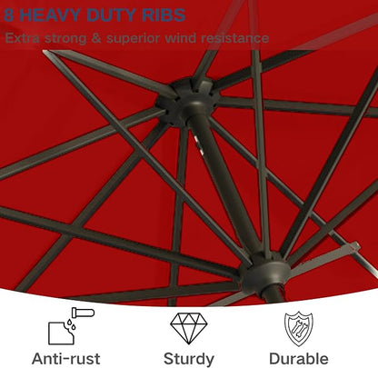 9' Solar LED Patio Umbrella with Tilt & Crank|8 Sturdy Ribs,UV Protection,Outdoor Market Table Umbrella for Deck,Lawn,Pool,Backyard (Red)