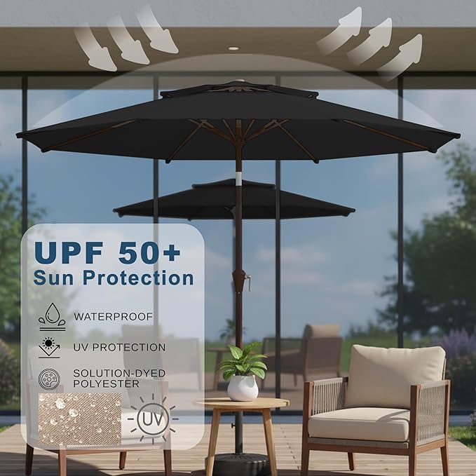 9ft 2-Tiers Patio Umbrella,Outdoor Market Table Umbrella with Push-Button Tilt & Crank | UV Protection,Suit for Backyard,Garden,Pool,Deck(Black)