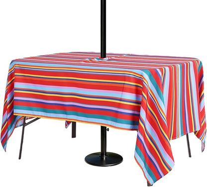 Poise3EHome 60X84 Outdoor Spillproof Rectangle Tablecloth with Umbrella Hole and Zipper for Camping, Picnic, Party, Patio Table, Spring, Color Stripe
