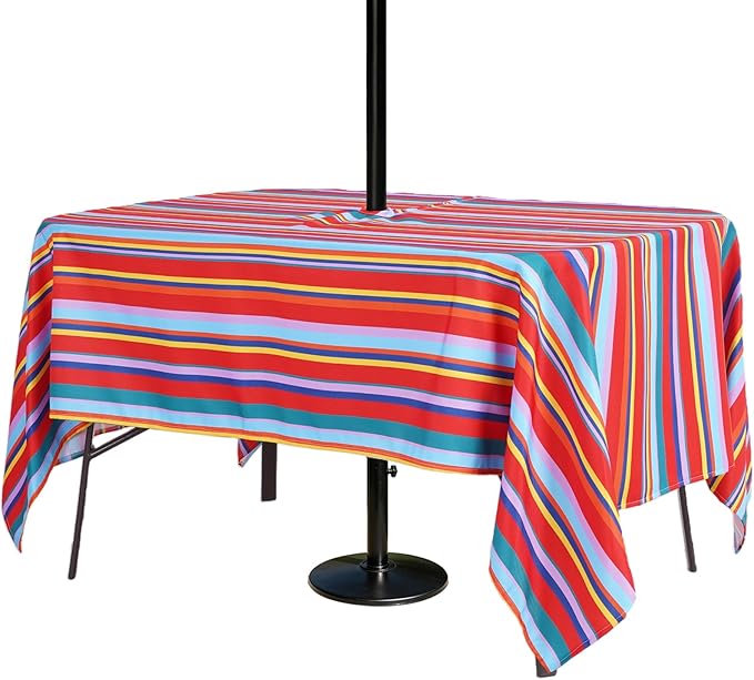 Poise3EHome Outdoor Tablecloth Rectangle with Umbrella Hole Waterproof Rainbow Mexican Tablecloth for Spring Picnic Party Patio Table Camping, Color Stripe (52X70 Zipper)