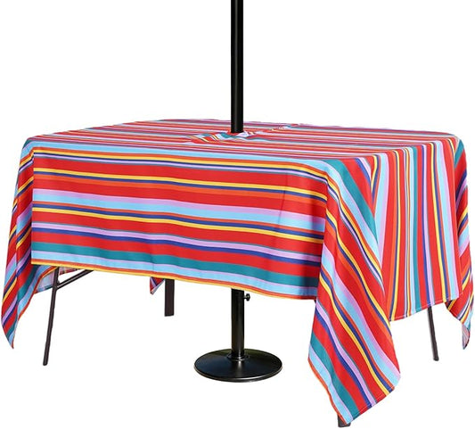 Poise3EHome Outdoor Tablecloth Rectangle with Umbrella Hole Waterproof Rainbow Mexican Tablecloth for Spring Picnic Party Patio Table Camping, Color Stripe (52X70 Zipper)