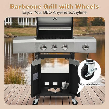 Endark 3-burner propane grill, 40,500 BTU with side-fire function. Stainless steel, enameled cast iron grate, thermometer, wheels. Perfect for patio and garden cooking