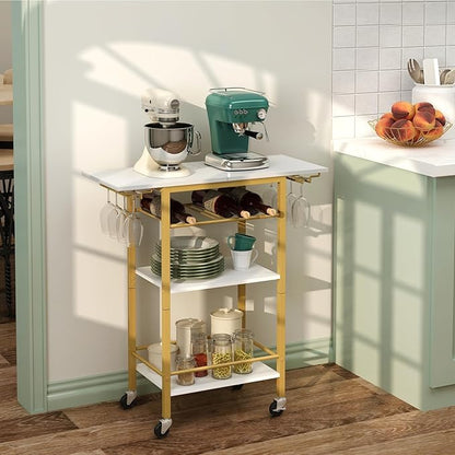 LAATOOREE Bar Cart, Mobile Home Bar Serving Cart, 4 Tier, Gold | Rolling Drink Beverage Cart with Storage Shelf, Wine and Glass Holder, for Dinning Room Living Room Kitchen