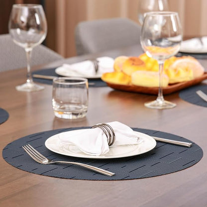 Round Placemats Set of 8 Heat Resistant Vinyl Placemats 15 inch Washable Non-Slip Table Mats Woven Place Mats for Dining Table (Black + Dark Blue, Set of 8)