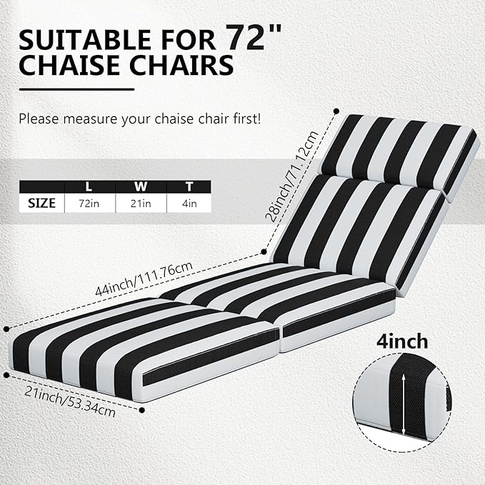 Chaise Lounge Cushions Outdoor, 72 x 21 x 4 Inch Lounge Chair Cushions for Outdoor Furniture - Waterproof Lounge Patio Replacement Cushion, 4In Fade-Resistant ThickPatio Chaise Lounge Cushion