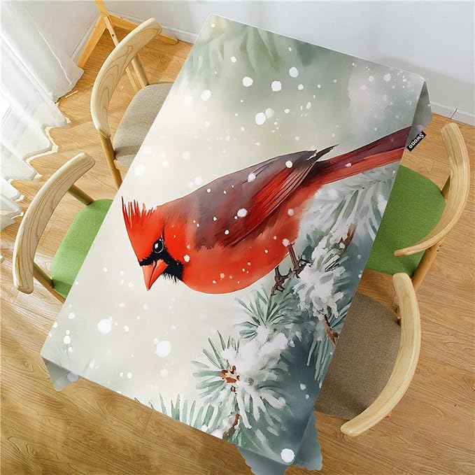 Swono Cardinal Bird Tablecloth Winter Cardinal Bird Red Rectangle Table Cloth Washable Plaid Table Cover for Kitchen Holiday Dinner, 52x 70 Inch Tablecloth