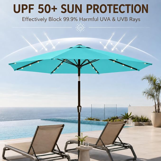 10FT Solar Lighted Patio Umbrella, Outdoor Table Market Umbrellas with Push Button Tilt and Crank, 32 LED Lights, 8 Sturdy Ribs, UV-Resistant for Deck, Garden, Pool