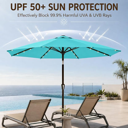 10FT Solar Lighted Patio Umbrella, Outdoor Table Market Umbrellas with Push Button Tilt and Crank, 32 LED Lights, 8 Sturdy Ribs, UV-Resistant for Deck, Garden, Pool