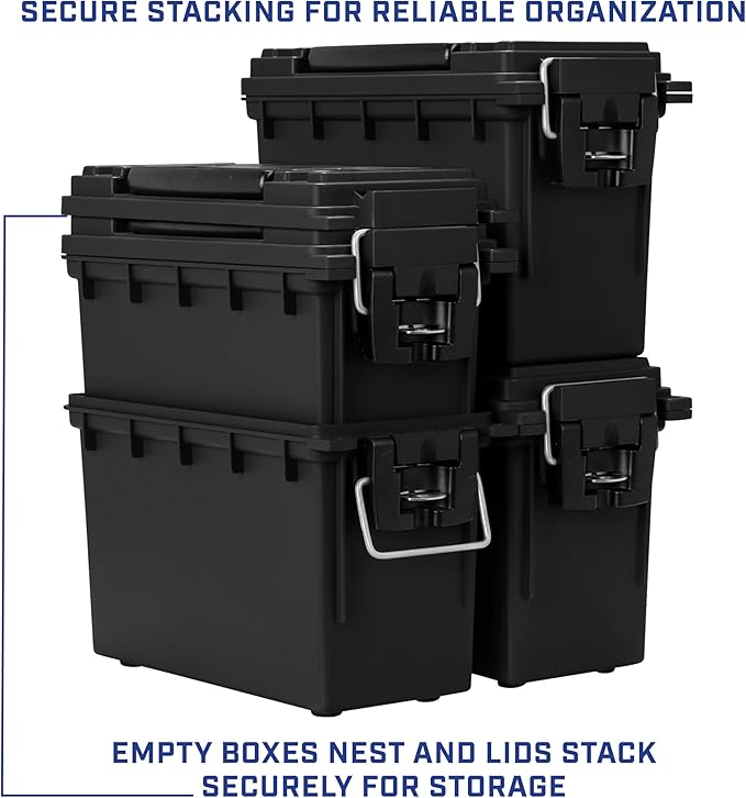 Sheffield Ammo Box Made in USA, Stackable Lockable Ammo Storage Box, Black | 4 Pack Lockable Storage Box, Water & Dust Resistant Dry Box, Secures Hunting Gear, Gun Accessories, Supplies, Bullets