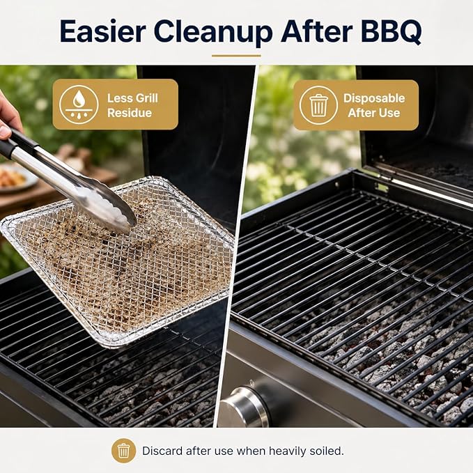 10 Pack Disposable Grill Toppers, Aluminum BBQ Mesh Mats for Outdoor Cooking, 15.3 x 12 Inch Grilling Liners to Help Reduce Food Drops Through Grates, for Vegetables, Fish, Meat and Camping