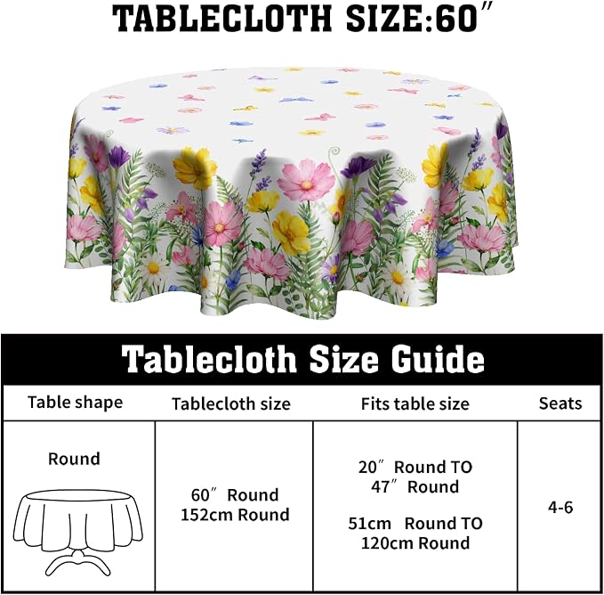 Sweetshow Spring Summer Colorful Floral Table Cloth Round Yellow Pink Purple Wildflowers Butterflies Tablecloth 70 Inch Decor Washable Stain and Wrinkle Spring Round Table Cover for Dining Picnic